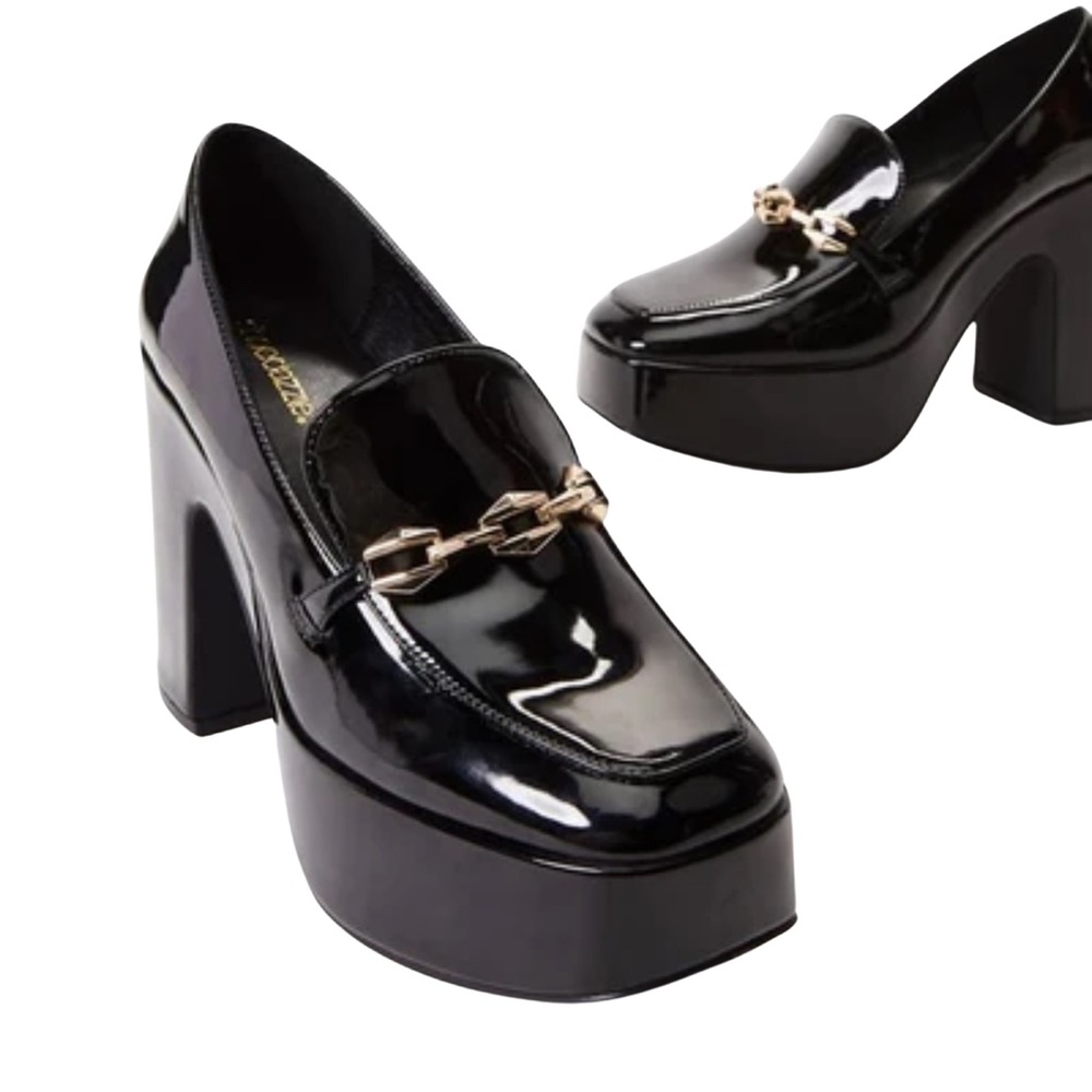 •Libbi• Black Patent Platform Chain Loafers | Chunky Block Heel Statement Pumps